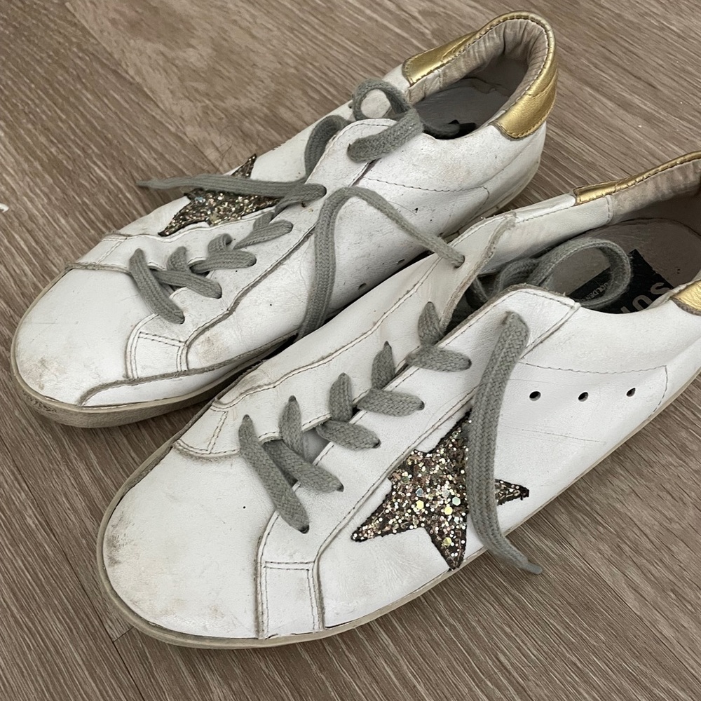 Golden Goose White Sneakers with Gold and Glitter Accents